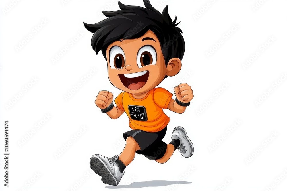 a 2D cartoon illustration of a person jogging with a heart monitor on wrist checking fitness levels white background a 2D cartoon illustration of a person jogging with a heart monitor on wrist checking fitness levels white background