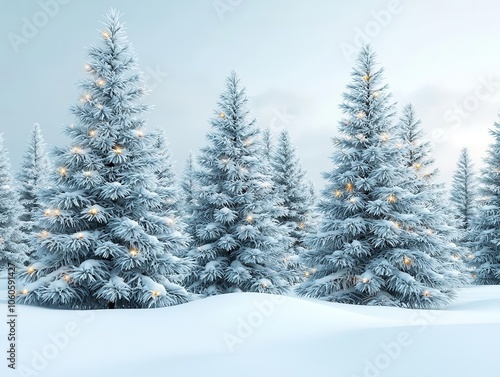 Snowcovered evergreen trees with twinkling lights, festive winter scene. 8k, in focus, realistic texture, copy space for text