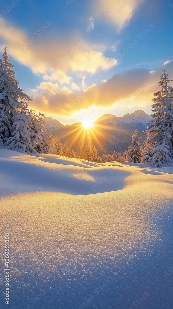 Winter sunset over a snowcovered field, golden light illuminating the landscape. 8k, in focus, realistic texture, copy space for text Winter sunset over a snowcovered field, golden light illuminating the landscape. 8k, in focus, realistic texture, copy space for text