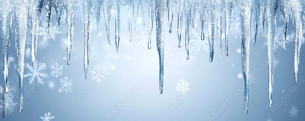 Glaçons brillants et flocons de neige sur fond bleu pastel. Glaçons brillants et flocons de neige sur fond bleu pastel.