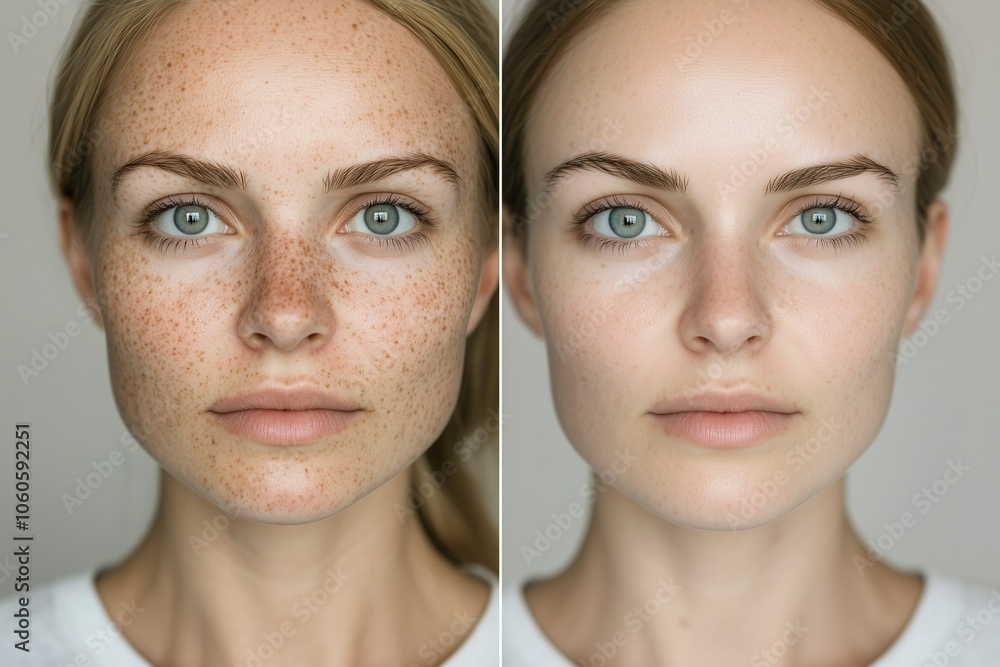 Before and after selfie, a comparison of age spots removal. Laser treatment effects on age spots on woman's face - skincare transformation Before and after selfie, a comparison of age spots removal. Laser treatment effects on age spots on woman's face - skincare transformation