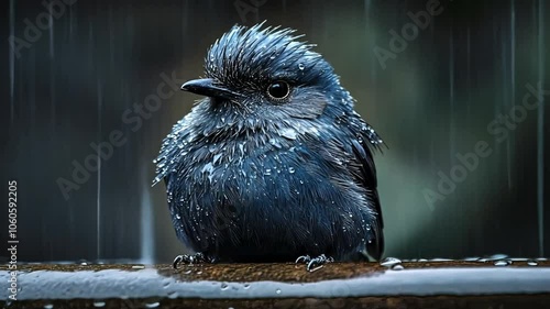 A small blue bird with wet feathers sits on a branch with raindrops falling around it. Seamless looping video background animation. Generated with AI
