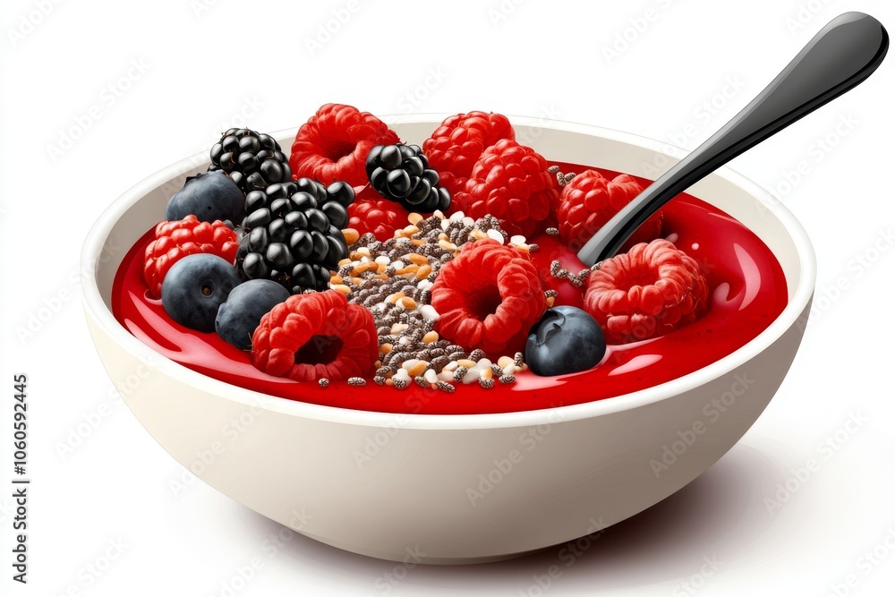 a 2D cartoon illustration of a smoothie bowl with chia seeds and berries refreshing snack white background a 2D cartoon illustration of a smoothie bowl with chia seeds and berries refreshing snack white background
