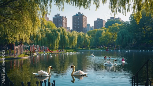 City Park with Lake, Swans, and Playground for Kids