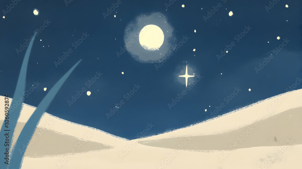 Naklejka premium A starry night sky with a full moon and a bright star over a sandy landscape.