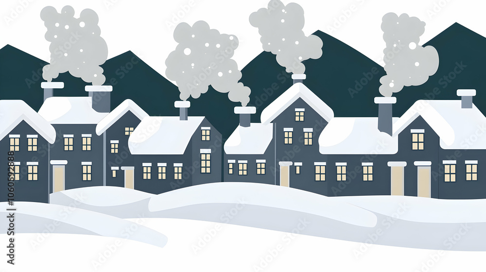 Fototapeta premium A snowy village scene with houses, snow, and smoke coming from chimneys.