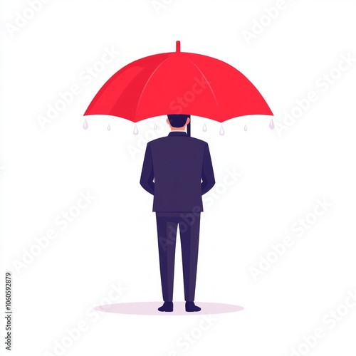 A businessman standing under a red umbrella, symbolizing protection and security.