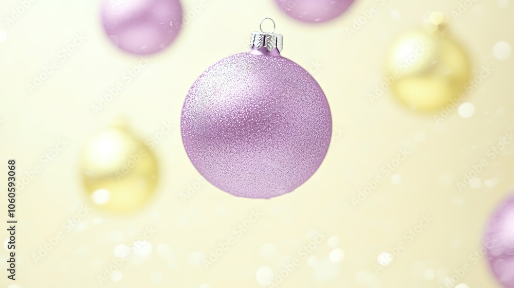 Purple and yellow baubles with festive shimmer on light backgrou Purple and yellow baubles with festive shimmer on light backgrou
