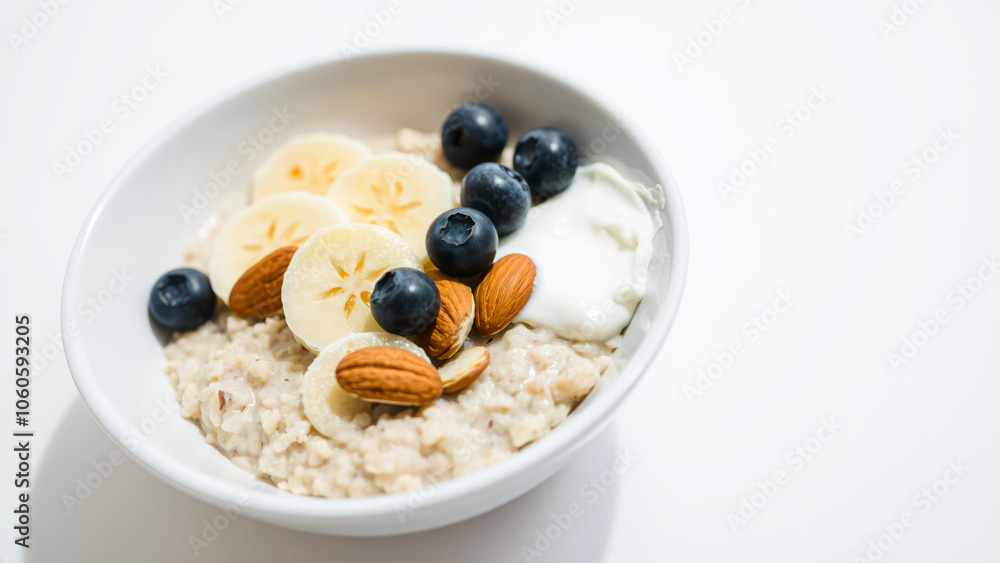 bowl oatmeal with banana blueberries almonds yogurt bowl oatmeal with banana blueberries almonds yogurt