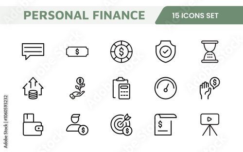 Personal Finance Icon Set. Sleek and intuitive icons for budgeting; saving; and investing; perfect for financial apps; tools; and websites to empower users in managing their money effectively.