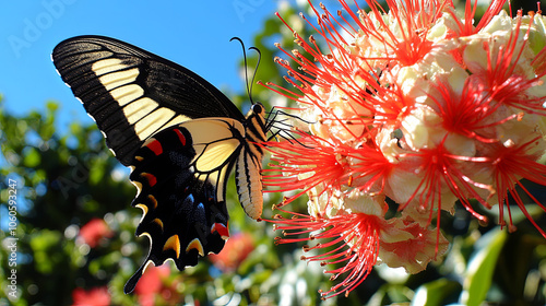 A Butterfly Perched on Vibrant Red Flowers Under a Clear Blue Sky in a Lush Garden During the Daytime