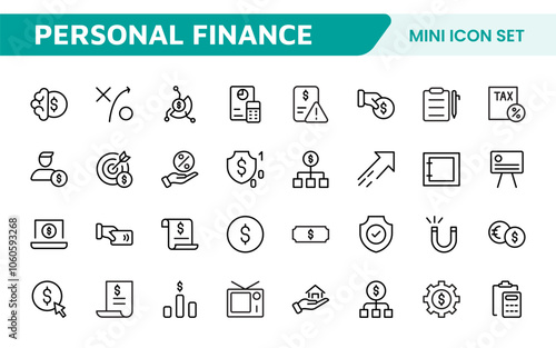 Personal Finance Icon Set. Sleek and intuitive icons for budgeting; saving; and investing; perfect for financial apps; tools; and websites to empower users in managing their money effectively.