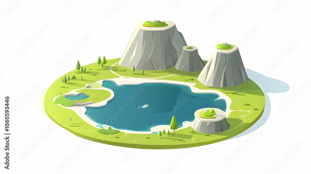 Isometric view of a mountain lake with green trees and rocky peaks. Isometric view of a mountain lake with green trees and rocky peaks.