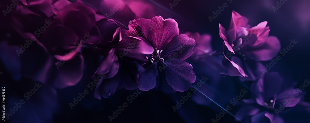 Fleurs violettes sur fond sombre en gros plan avec effet bokeh mystérieux. Fleurs violettes sur fond sombre en gros plan avec effet bokeh mystérieux.