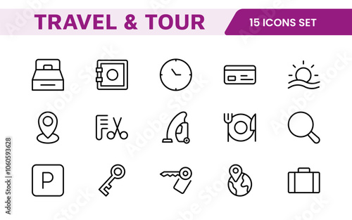 Travel Booking Icon Set. Stylish and user-friendly icons for enhancing travel apps, websites, and services, perfect for streamlining flight searches, hotel bookings, and adventure planning.