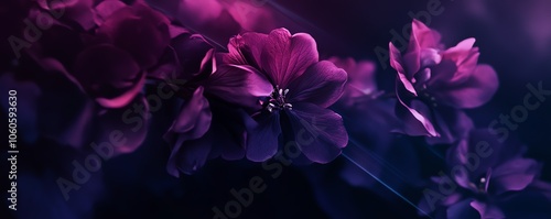 Fleurs violettes sur fond sombre en gros plan avec effet bokeh mystérieux.