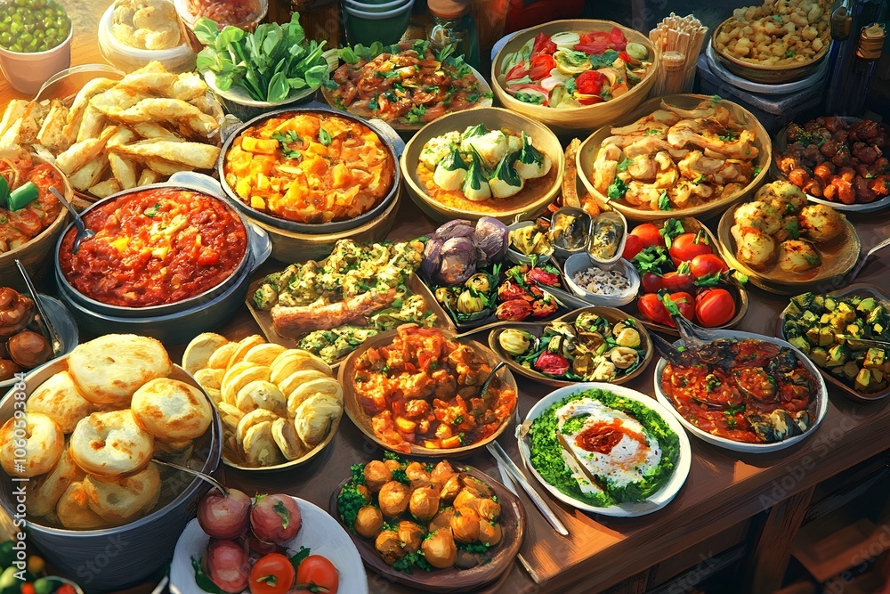 Abundant Table of Food Delicious Dishes for a Festive Gathering Abundant Table of Food Delicious Dishes for a Festive Gathering