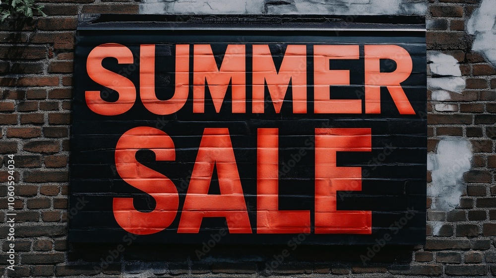 Fototapeta premium Bright summer sale sign on a brick wall advertising discounts during the summer season in an urban setting