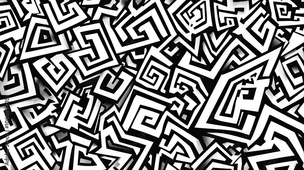 Abstract Black and White Patterns With Spirals and Zigzags Creating a Dynamic Visual Effect in a Modern Art Style Abstract Black and White Patterns With Spirals and Zigzags Creating a Dynamic Visual Effect in a Modern Art Style