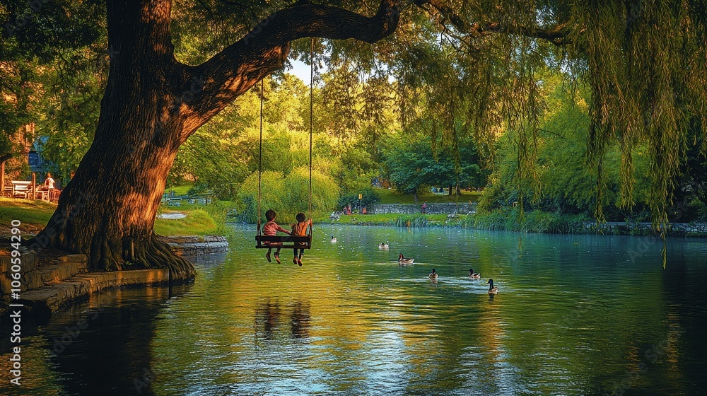 Obraz premium Kids Playing by a River with a Swing and Ducks Near a Willow Tree