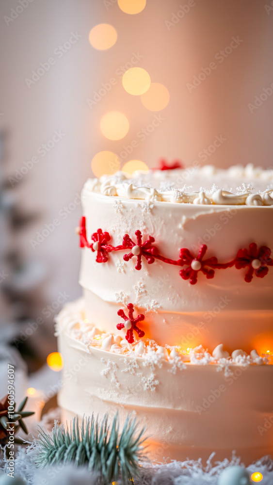 frosted cake decorated with red snowflakes frosted cake decorated with red snowflakes