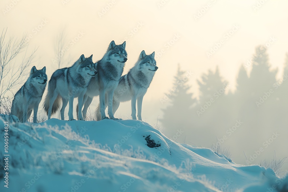 Naklejka premium Wolf Pack on Snowy Mountain Peak at Dawn
