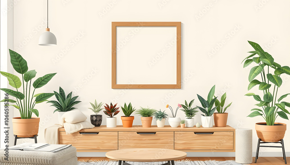 Fototapeta premium Stylish living room interior with brown mock up photo frame, beautiful plants in differents hipster and design pots on the green shelf. Modern and floral concept of home garden jungle. Template isol