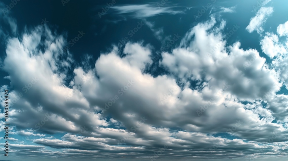 Expansive cloudy sky with cumulus clouds in a deep blue atmosphere, capturing a wide-angle perspective of the horizon Expansive cloudy sky with cumulus clouds in a deep blue atmosphere, capturing a wide-angle perspective of the horizon