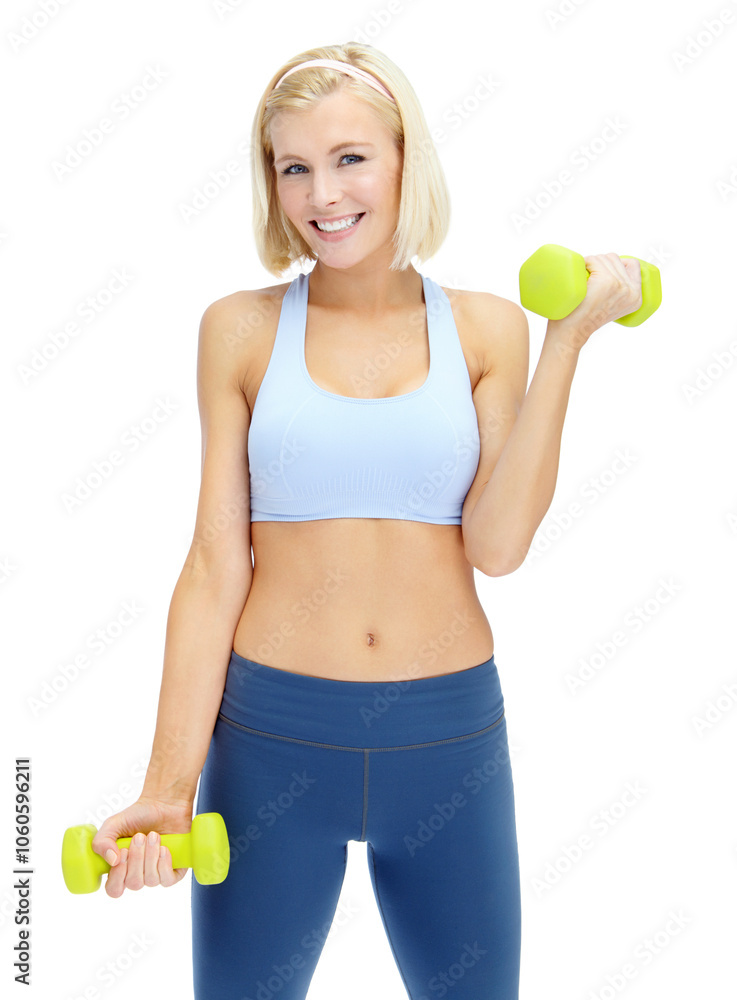 Portrait, dumbbells and woman with workout, fitness and wellness on white studio background. Smile, athlete person and model with exercise, weightlifting and equipment for muscle training and health Portrait, dumbbells and woman with workout, fitness and wellness on white studio background. Smile, athlete person and model with exercise, weightlifting and equipment for muscle training and health