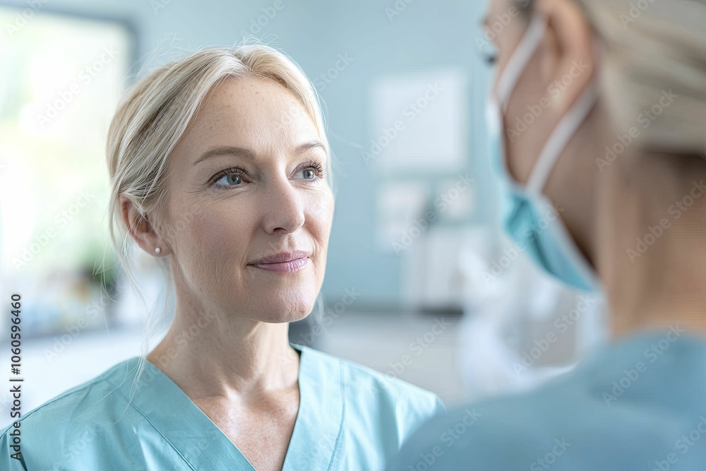 A patient receives a routine check-up from a nurse in a healthcare setting, warm and friendly atmosphere, subtle lighting, soft textures. A patient receives a routine check-up from a nurse in a healthcare setting, warm and friendly atmosphere, subtle lighting, soft textures.