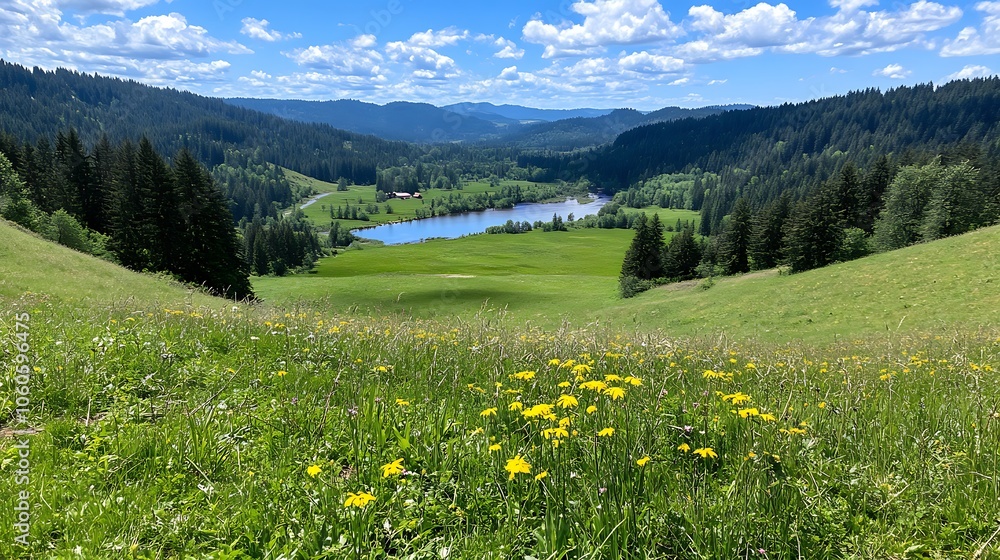 Obraz premium Mountain Meadow View with River Yellow Wildflowers Green Grass and Blue Sky