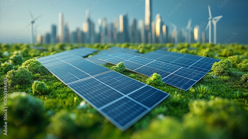 Fototapeta premium Futuristic Cityscape Powered by Green Technology Featuring Solar Panels, Wind Turbines, and Electric Vehicle Charging Stations, Representing Sustainable Urban Development and Clean Energy Solutions