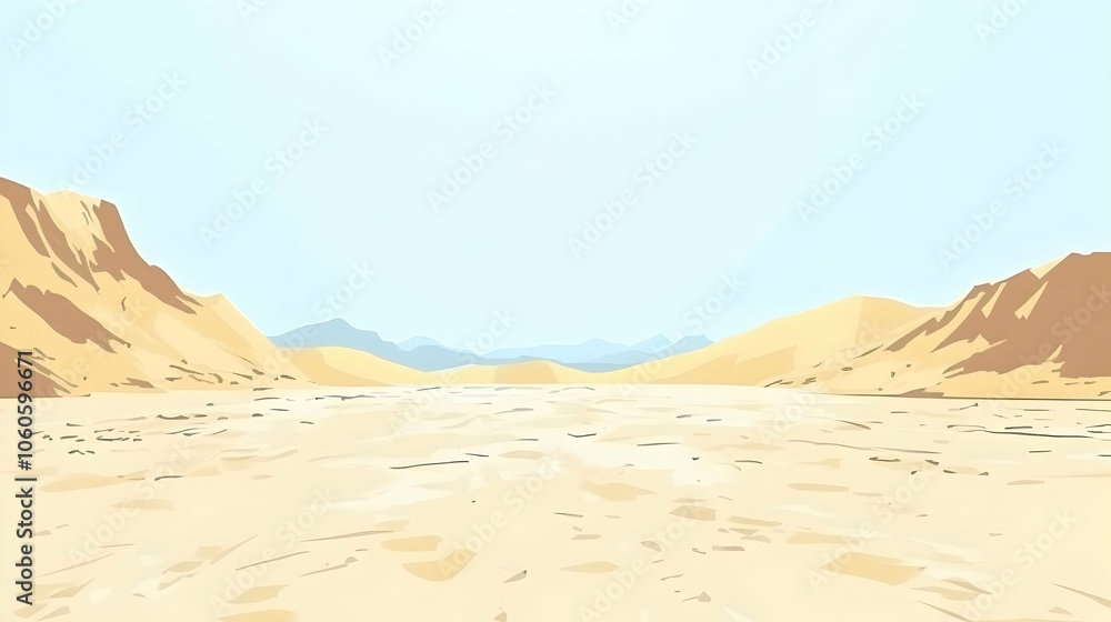 A vast, sandy desert landscape with distant mountains under a clear blue sky. A vast, sandy desert landscape with distant mountains under a clear blue sky.