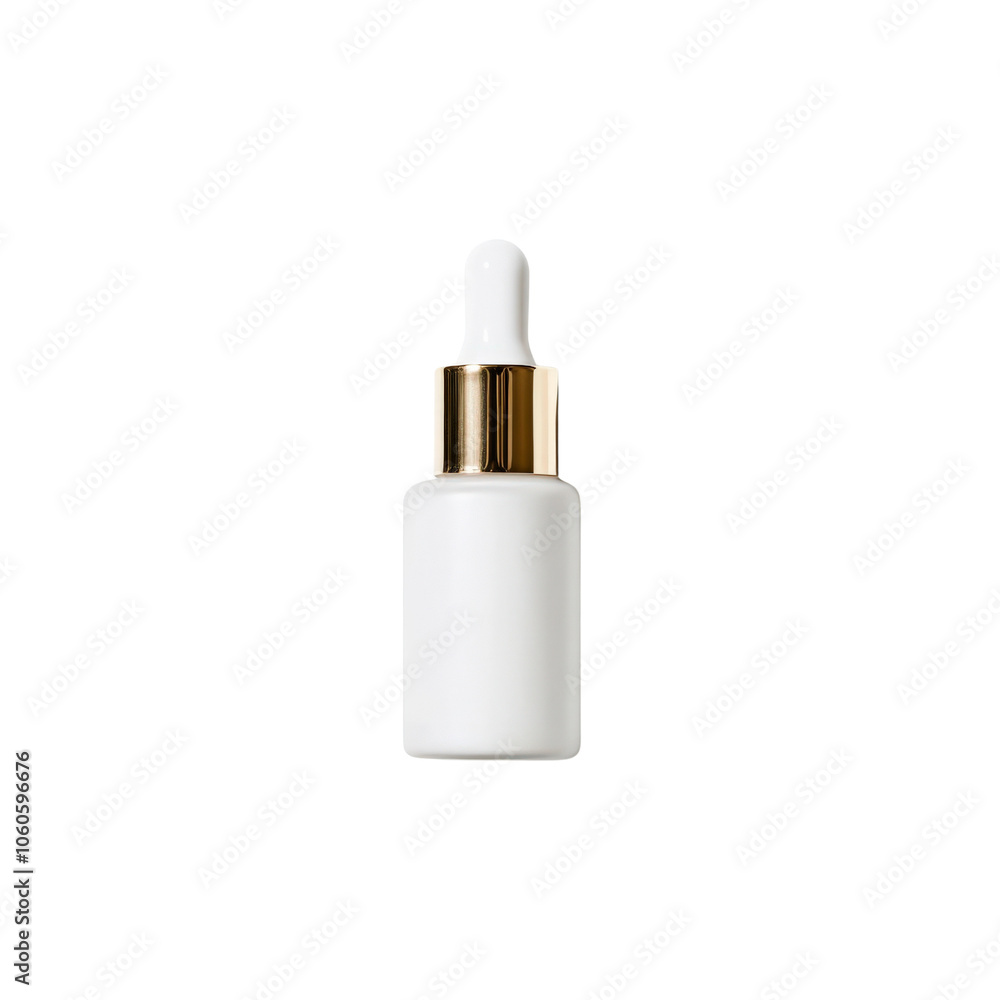 White dropper bottle with gold cap, isolated on a dark background. White dropper bottle with gold cap, isolated on a dark background.