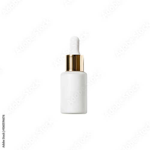 White dropper bottle with gold cap, isolated on a dark background.