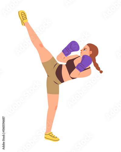 Woman boxing in the gym, wearing gloves. Female athlete sparring in the boxing ring. Flat vector illustration