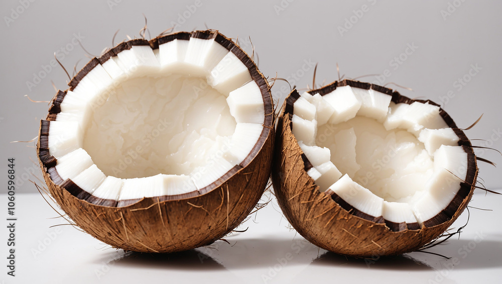 Two halves of a coconut, showing the brown shell and white flesh inside.
Two halves of a coconut, showing the brown shell and white flesh inside.