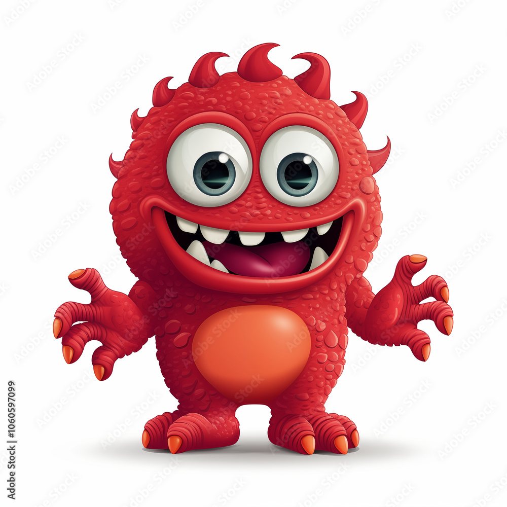 Fototapeta premium A cheerful red cartoon monster with large eyes and spiky hair stands in a fun pose