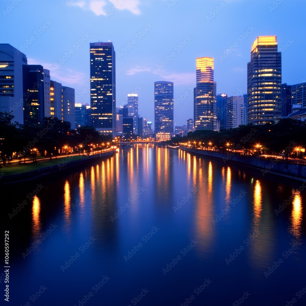 A calm river flows through a city at dusk, reflecting the city lights. A calm river flows through a city at dusk, reflecting the city lights.