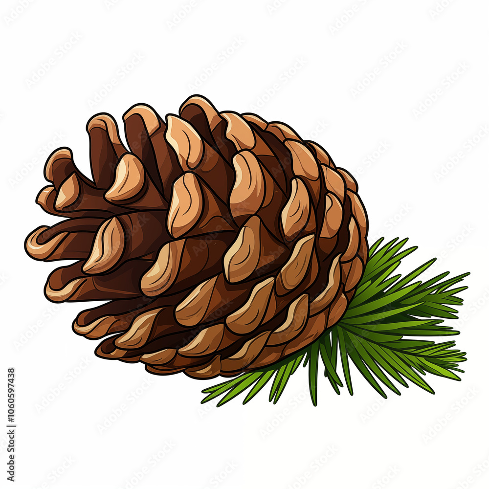 A detailed cartoon depiction of a pine cone resting on green pine needles in a bright background A detailed cartoon depiction of a pine cone resting on green pine needles in a bright background