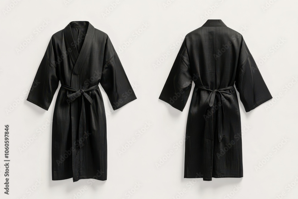 Elegant black robe displayed front and back on white background Elegant black robe displayed front and back on white background