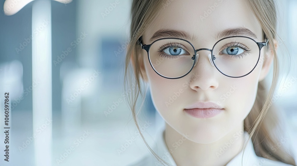 Close-up of a young woman wearing glasses during an eye test, modern office background, soft lighting enhancing her focused expression. Close-up of a young woman wearing glasses during an eye test, modern office background, soft lighting enhancing her focused expression.