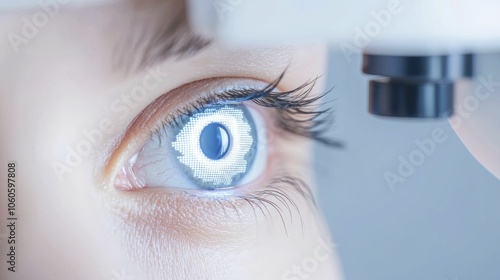 Close-up of dry eye condition, tear film assessment using blue and white light, laboratory environment. photo