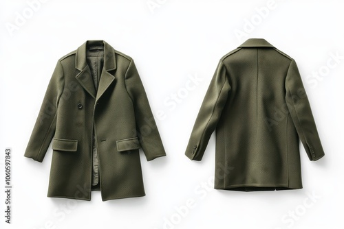 Classic green coat front and back view isolated on white background