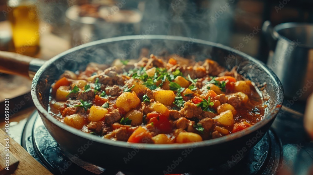 A close-up of a pan filled with meat and sauce, ready to be served. A close-up of a pan filled with meat and sauce, ready to be served.