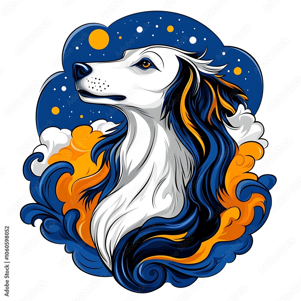 Elegant Borzoi with Artistic Swirls and Stars Elegant Borzoi with Artistic Swirls and Stars