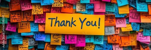 A yellow thank you card strikingly positioned amongst a chaotic background of colorful sticky notes with scribbles, exudes a warm expression of gratitude and creativity.