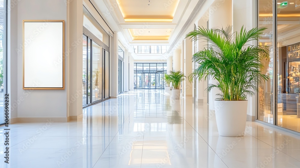A bright and modern hallway with elegant design, featuring lush plants and reflective floor, perfect for commercial or lifestyle themes. A bright and modern hallway with elegant design, featuring lush plants and reflective floor, perfect for commercial or lifestyle themes.