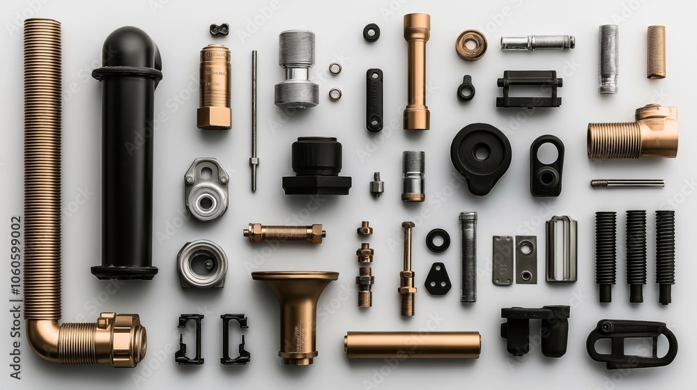 Assorted industrial and plumbing metal components arranged on a white background, including pipes, connectors, fittings, and fasteners in various sizes and colors such as black and copper. Assorted industrial and plumbing metal components arranged on a white background, including pipes, connectors, fittings, and fasteners in various sizes and colors such as black and copper.