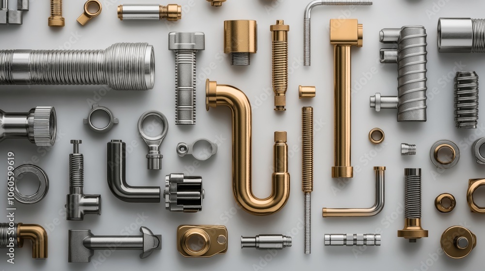 Assorted metal industrial parts including bolts, pipes, and fittings in various shapes and sizes with gold and silver finishes on a white background. Assorted metal industrial parts including bolts, pipes, and fittings in various shapes and sizes with gold and silver finishes on a white background.